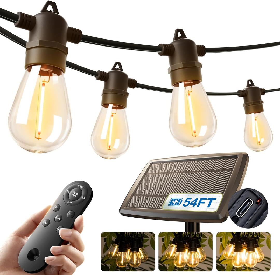 KYY 54FT Solar String Lights Outdoor Waterproof with USB Charging & Remote, Dimmable & Timable, Solar Powered Patio Lights with LED Shatterproof Bulbs for Deck Backyard Porch Garden Camping (48+6FT(16 Sockets), Black)