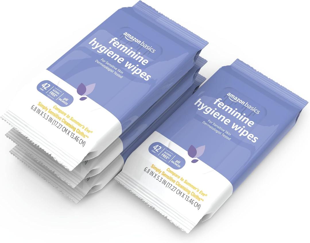 Amazon Basics Feminine Hygiene Wipes, Alcohol Free, pH Balanced, Gynecologist Tested, Fresh Scent, 168 Count (4 Packs of 42)