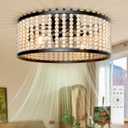 20" Boho Ceiling Fan with Light, Wood Beaded Fandelier with Remote, Flush Mount/Low Profile/6-Speed/Timer/3 CCT/Quiet DC Motor/Reversible, French Farmhouse Style Chandelier Fan, Black