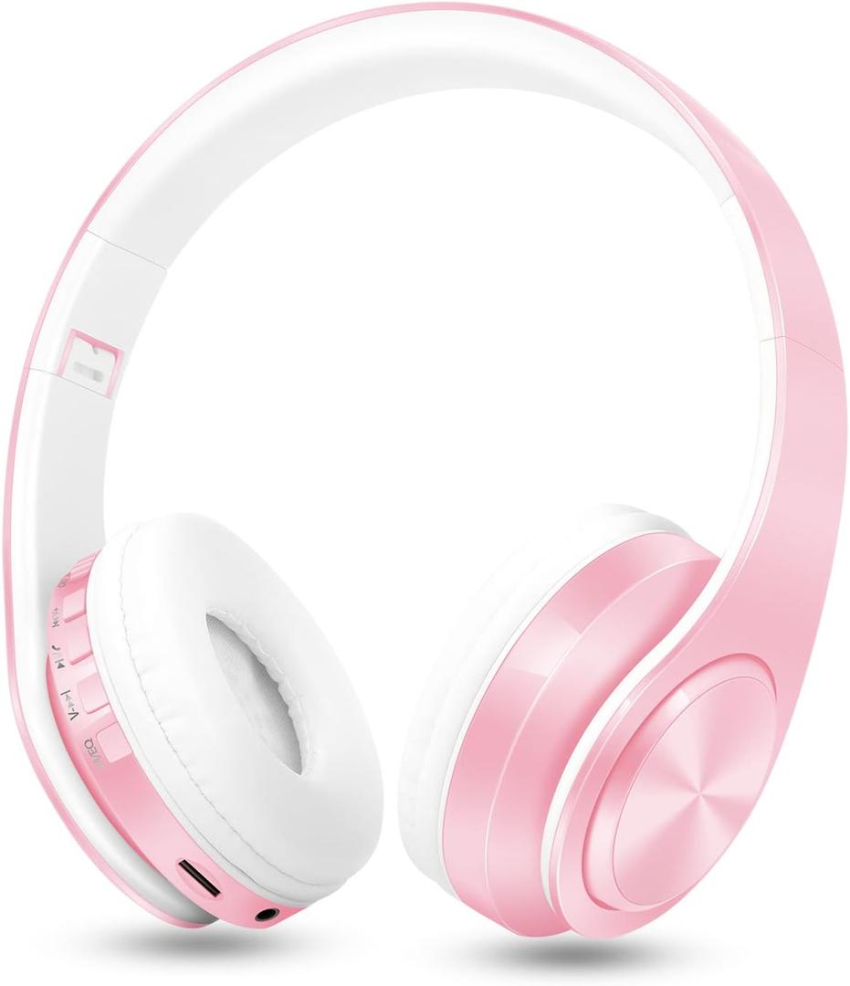RAT TAIL V5.3 Bluetooth Headphones OverEar, Foldable Wireless and Wired Stereo Headset Micro SD/TF, FM for Cell Phone,PC,Soft Earmuffs &Light Weight for Prolonged Wearing (Pink)