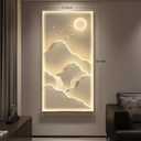 Framed LED Mountain Wall Art for Living Room, Large Vertical Lighted Modern Luxury Gold Bright Sun Waterfall Artwork for Walls, Nature Landscape Backlit Wall Decor for Hallway, Entryway, Home Office, 