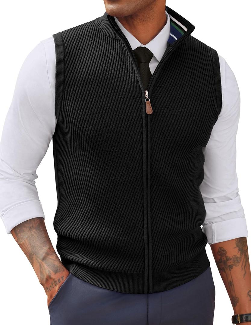 PJ PAUL JONES Men's Sweater Vests Slim Fit Twill Textured Full Zip Sleeveless Vests Casual Outwear (XX-Large, Black)