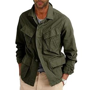 Runcati Mens Lightweight Safari Jacket Button Up Cotton Outdoor Military Cargo Long Sleeve Outwear (Green, M)