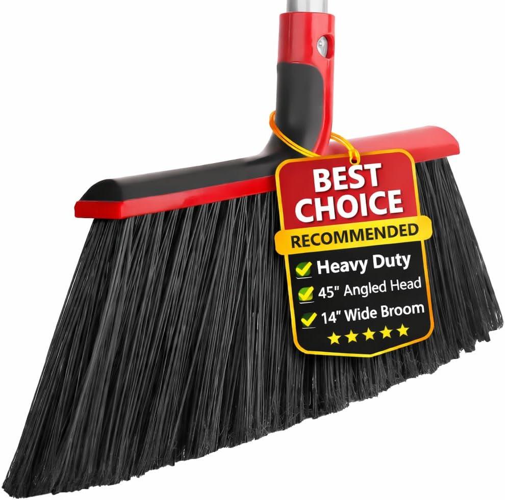 Heavy Duty Angle Broom with 58 Long Handle, 14 Wide Stiff Bristles for Indoor & Outdoor Sweeping, Garage, Patio, Deck, Concrete & Debris Removal