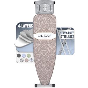 oleaf Ironing Board with Cover and Thicken Pad Height Adjustable Full Size Foldable Iron Board with Iron Rest, Stable Steel Legs, Metal Construction, Heat Resistant, Damascus