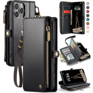 Defencase Compatible with iPhone 16 Pro Case Wallet with RFID Blocking Card Holder for Women Men, Soft PU Leather Magnetic Snap Flip Zipper Strap Wallet Phone Case Fit for iPhone 16 Pro 6.3", Black