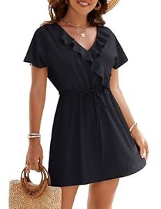BMJL Womens Bathing Suit Cover Up Ruffle V-neck Swimsuit Coverup Short Sleeve Beach Cover Up(Black, XL)