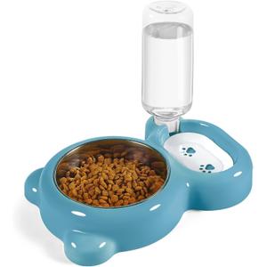 Dog Bowls, Cat Food and Water Bowl Set with Water Dispenser and Stainless Steel Bowl for Cats and Small Dogs - Blue