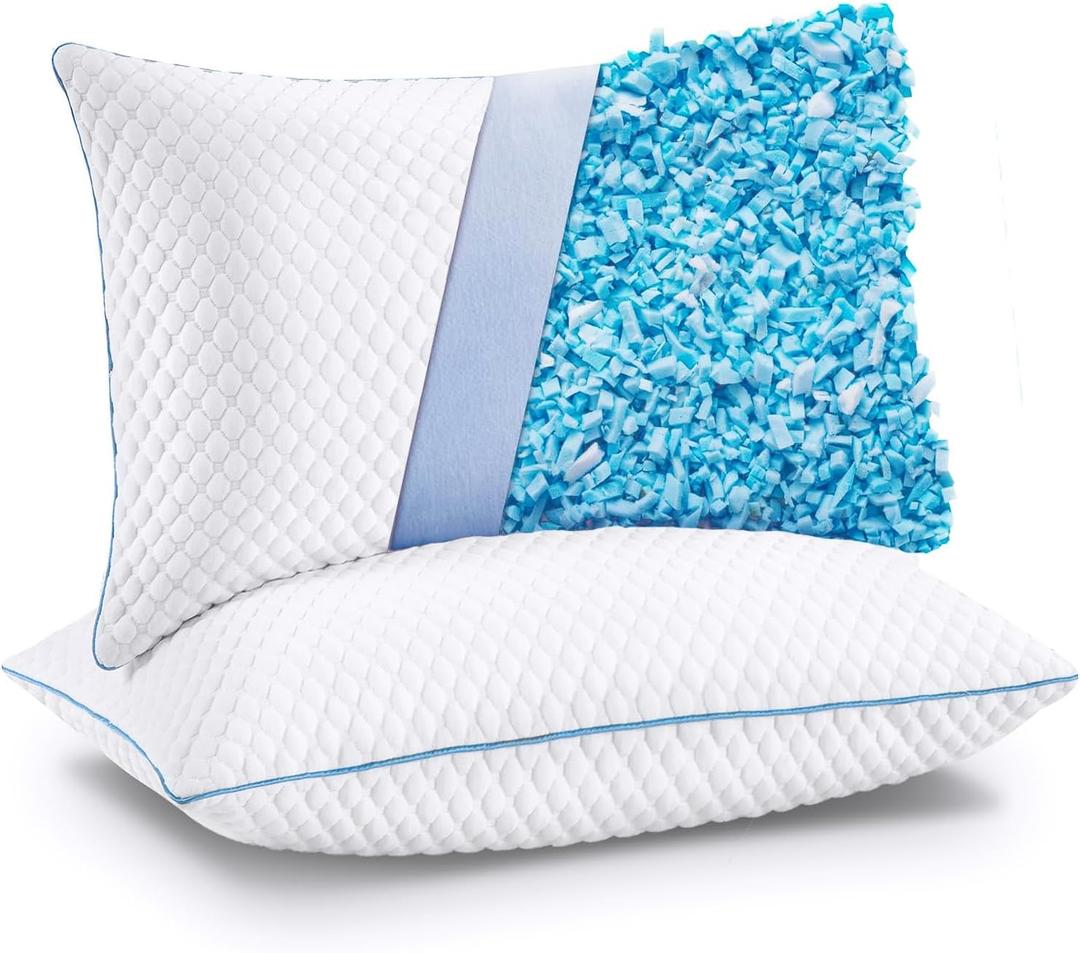 VVZ Cooling Bed Pillows Standard Size Set of 2,Shredded Memory Foam Pillows with Gel, Adjustable Firmness for Side, Back, Stomach Sleepers, 20x26, White