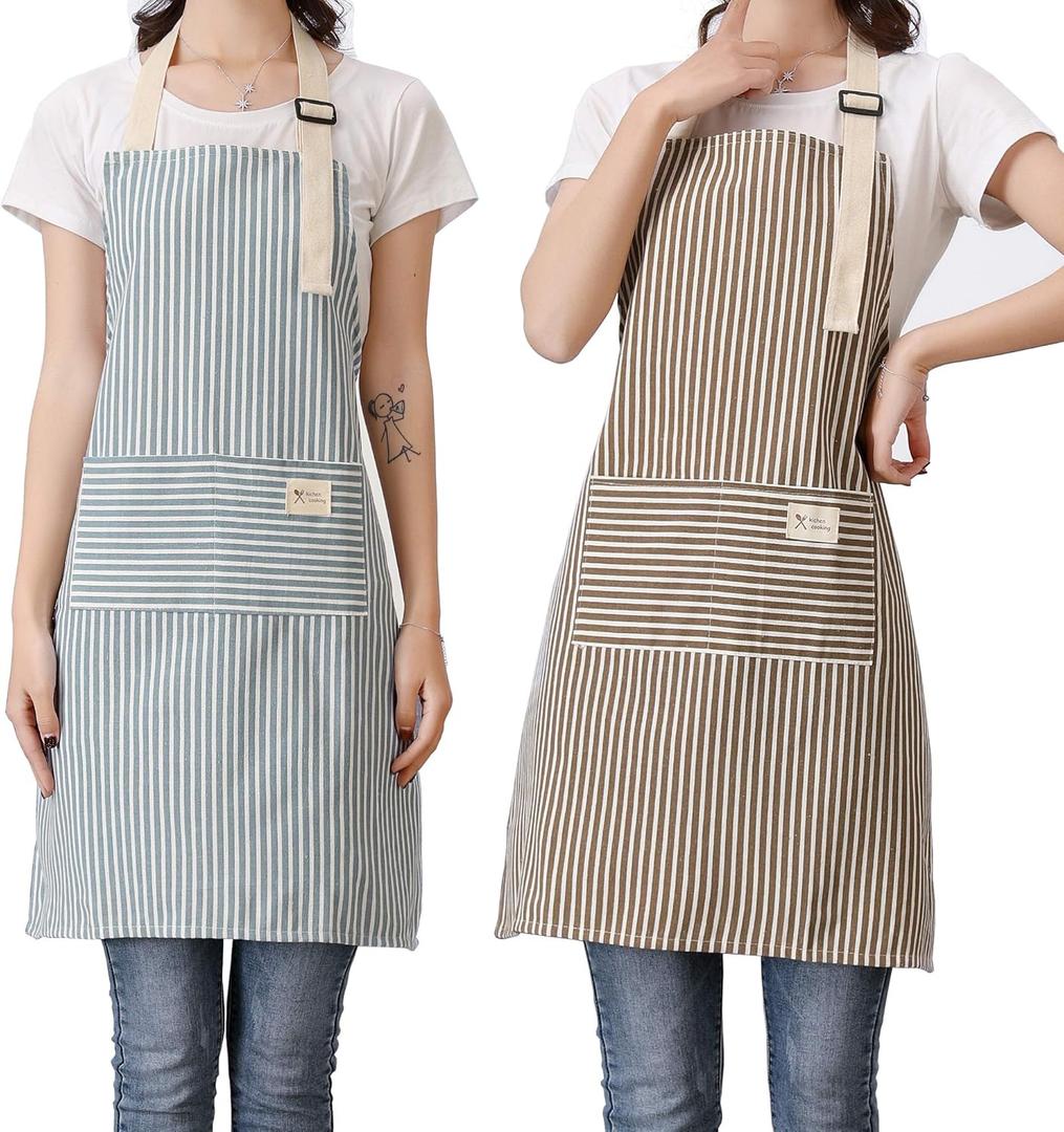 Lofekea Aprons 2 Pack Adjustable Bib Aprons with 2 Pockets Cotton Linen Cooking Kitchen Chef Apron for Women and Men (Multi)
