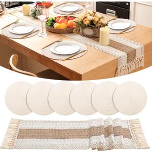 Boho Placemat and Table Runner Set 15'' Ivory Round Braided Place Mats 72'' Long Farmhouse Macrame Table Runner Centerpiece for Home Dining Bridal Decoration