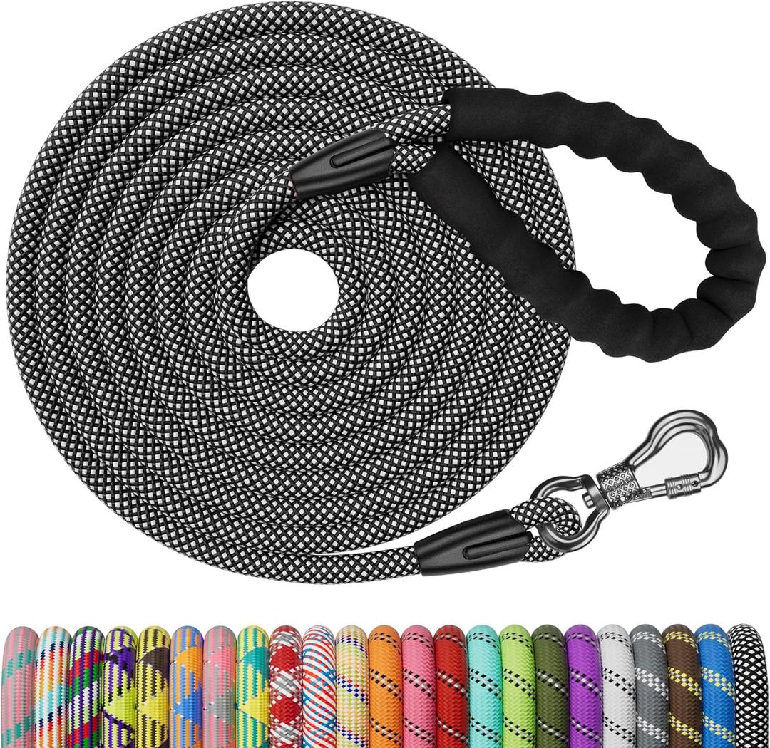 NTR 30FT Puppy Leash, Nylon Rope Long Dog Leash with Swivel Lockable Hook and Comfortable Padded Handle, Dog Line Tether for Small Medium Large Dogs Training, Playing, Camping, or Backyard (Black)
