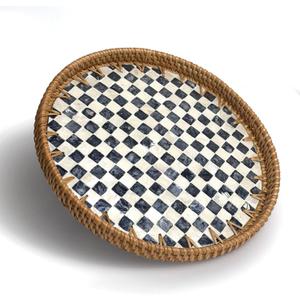 Round Rattan Tray with Mother of Pearl Inlay, Decorative Basket with Wooden Base, Woven Tray for Kitchen Island Decor, Table Decor, Storage and Display of Food (Checkerboard, 11.8")