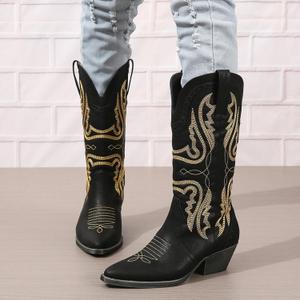 Cowboy Boots for Women Cowgirl Mid Calf Western Boots Embroidered Stitched Pointed Toe Chunky Block Heel Black 8.5