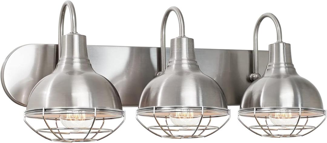 Kira Home Liberty 24" 3-Light Modern Industrial Vanity/Bathroom, Kitchen Light + Metal Cage Shades, Brushed Nickel Finish