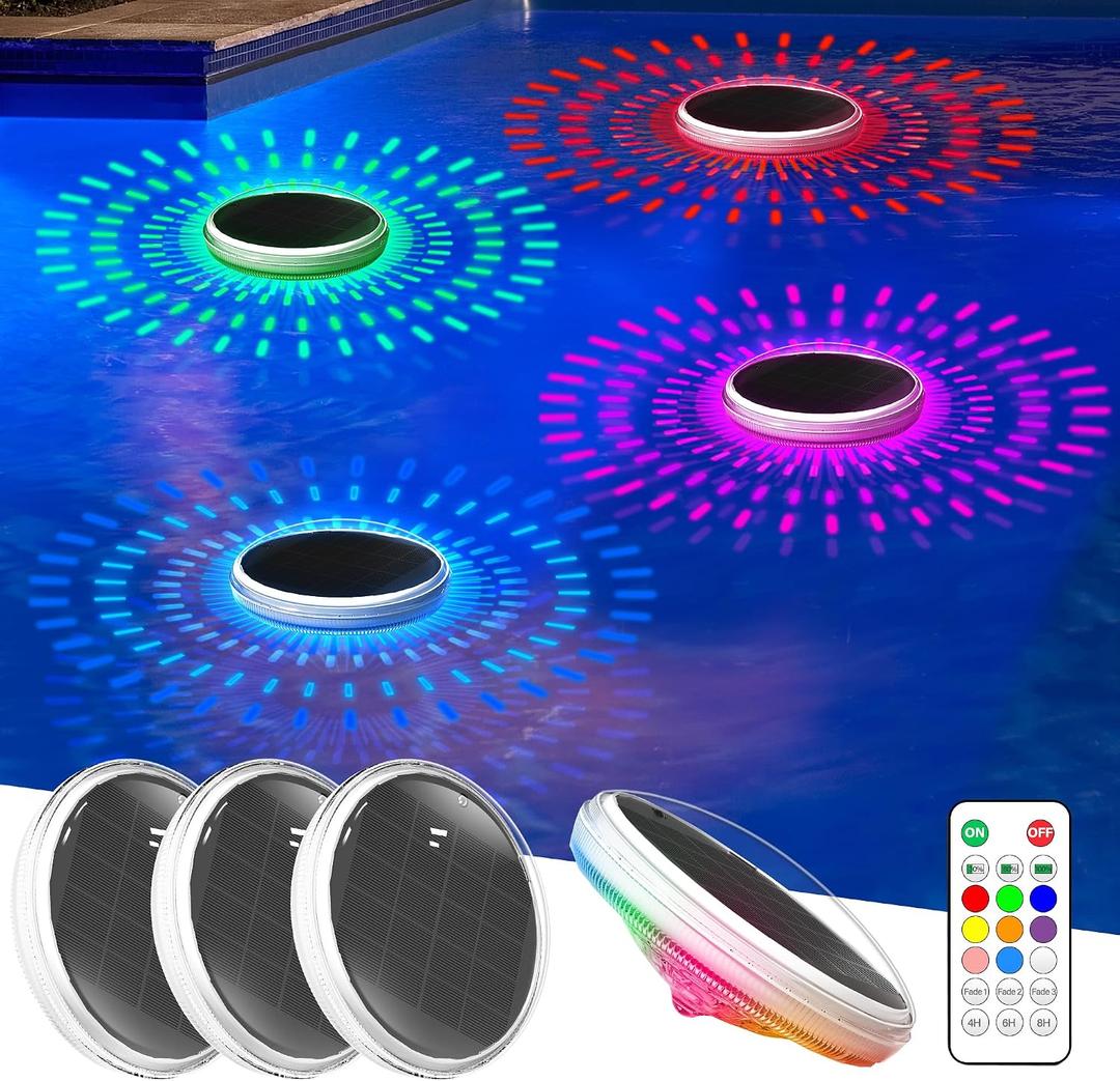 COXSENI Solar Floating Pool Lights with Remote, 4 Pack | RGB LED, IPX7 Waterproof, 12 Modes, 3 Timers, for Bathtubs, Patio, Garden & Party Decor