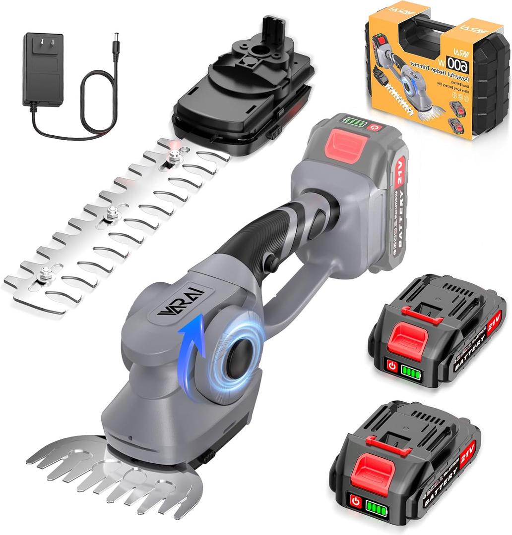 Cordless Hedge Trimmer, 2-in-1 Hedge Trimmer, Ultra Long Battery Life with Battery*2, high-Power and high-Capacity Grass Trimmer for Gardens, Yards and lawns, Including Charger (silver gray)