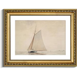 VIYYIEA Gold Framed Wall Art Canvas Print Home Decor for Living Room White Sailboat Seascape Watercolor Vintage Beach Painting on Canvas - Coastal Wall Art Prints for Bedroom Office Bathroom 11x14in
