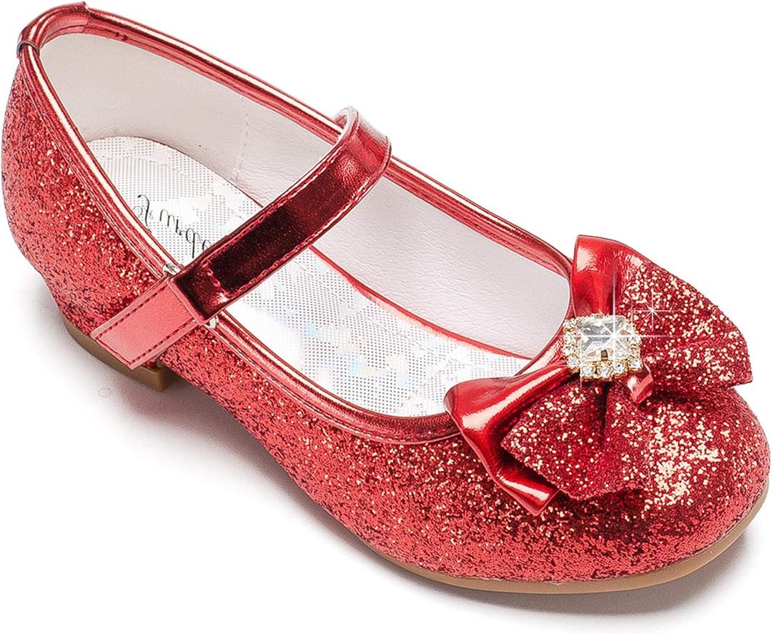 Furdeour Girls Dress Shoes Mary Jane Wedding Flower Bridesmaids Heels Glitter Princess Shoes for Kids Toddler (1 Big Kid, Red)