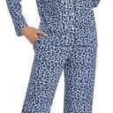 U2SKIIN Leopard Print Pajamas for Women Notch Collar Long Sleeve Pjs Button Down Soft Sleepwear 2 Piece Lounge Sets(Dark Gray Leopard-Blue, 2XL)