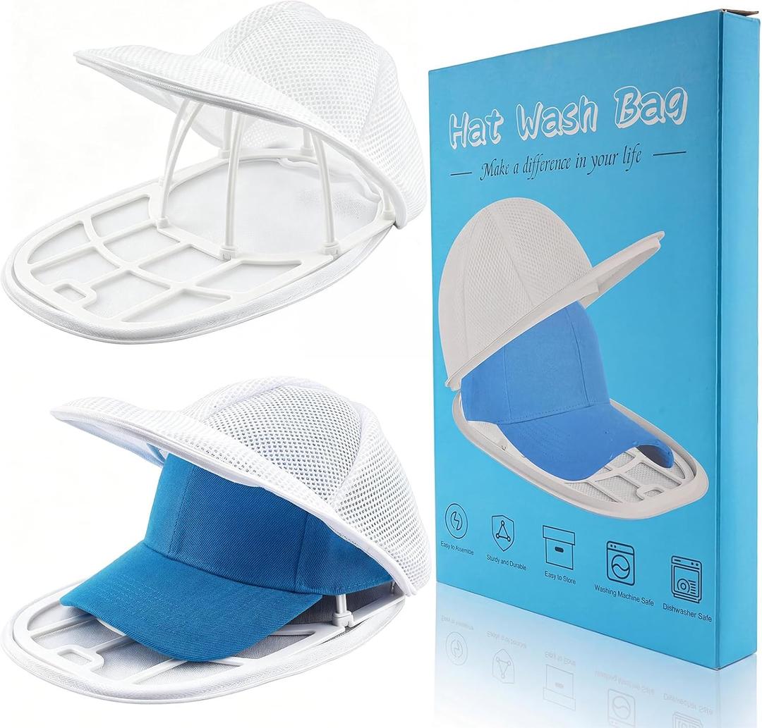 Eiito Hat Washer Cage Hats Cleaner, 4Pcs (2 Cages + 2 Bags) Hat Washer for baseball caps for Washing Machine or Dishwasher, Ball Cap Washers Frame for Flat & Curved Hats, White (With Mesh White 2 Pack)