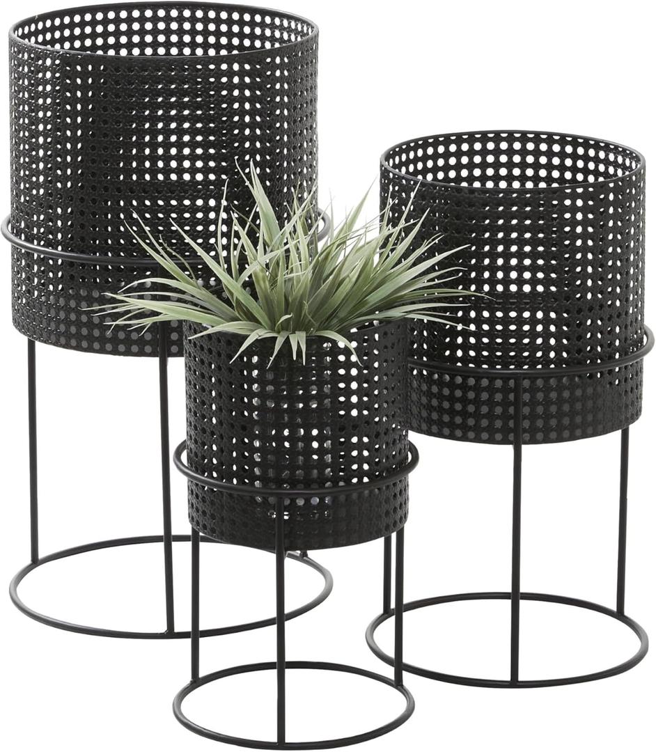 CosmoLiving by Cosmopolitan Metal Indoor Outdoor Planter Geometric Cutout Large Planter Pot with Circular Removeable Stands, Set of 3 Planters 23", 19", 15"H, Black