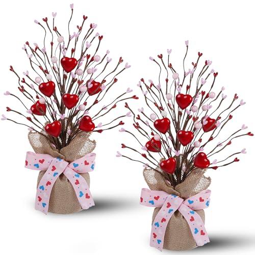 DR.DUDU 2 Pack 14 Inch Valentine Tree with Pink & Red Heart, Valentine's Day Table Decorations for Home, Artificial Trees Mantel, Tabletop Centerpiece Décor