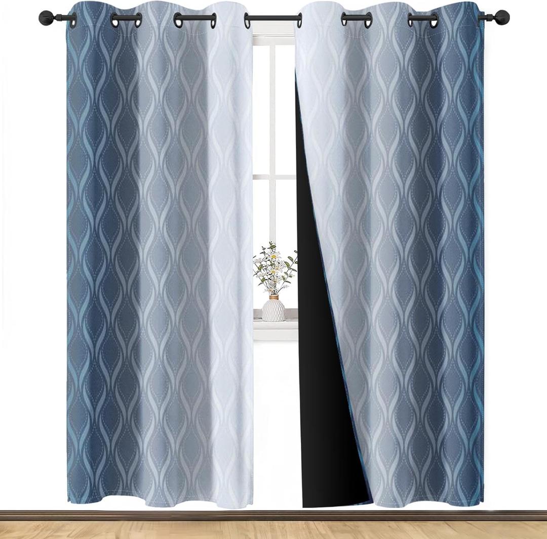 Blue Grey White Ombre Blackout Curtains for Living Room, Geometric Vintage Gradient Solid Thermal Insulated Grommet Drapes, Room Darkening Window Curtain Panels(Set of 2, 52 x 84 Inch)