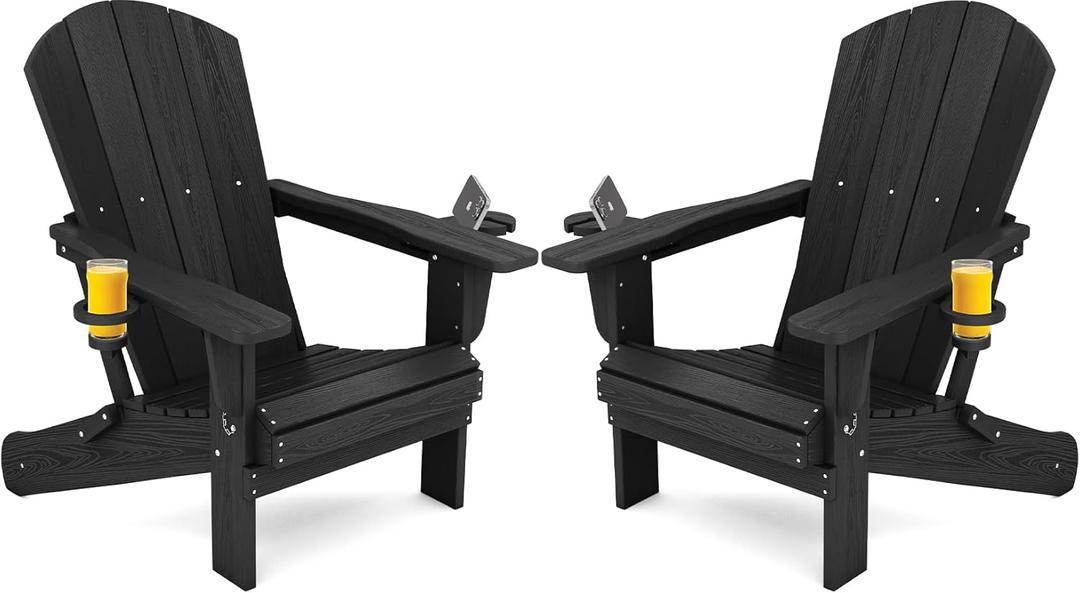 SERWALL HDPE Folding Adirondack Chair with Dual Cup Holder - Composite Adirondack Chair Set of 2- Black
