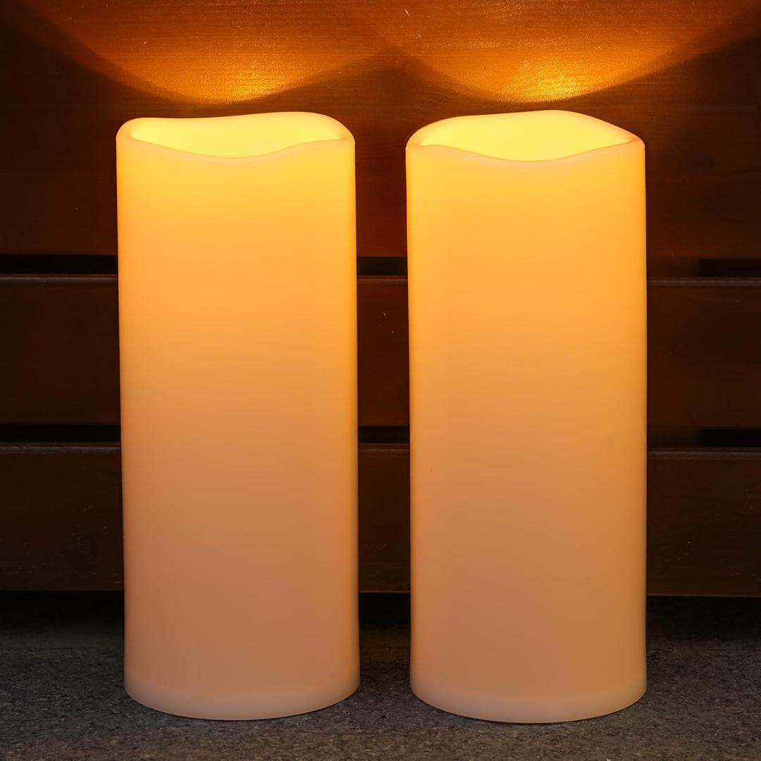 NURADA Large Outdoor Solar Candles Waterproof - 12" x 5" Rechargeable Solar Powered Flameless LED Pillar Flickering Candle for Patio Porch Lanterns Decor - Ivory Set of 2