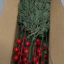 Watayo 60 Pcs Christmas Artificial Pine Branches with Red Berry Stems, 10.5" Faux Evergreen Norfolk Pine Cypress Leaves Stems, Fake Foliage Pine Needles Picks for DIY Craft Garland Home Decor