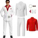 Men White Gangster Suit Costume Shirt Jacket Pants Halloween Cosplay Outfit with Glasses Gloves Necklace XXL