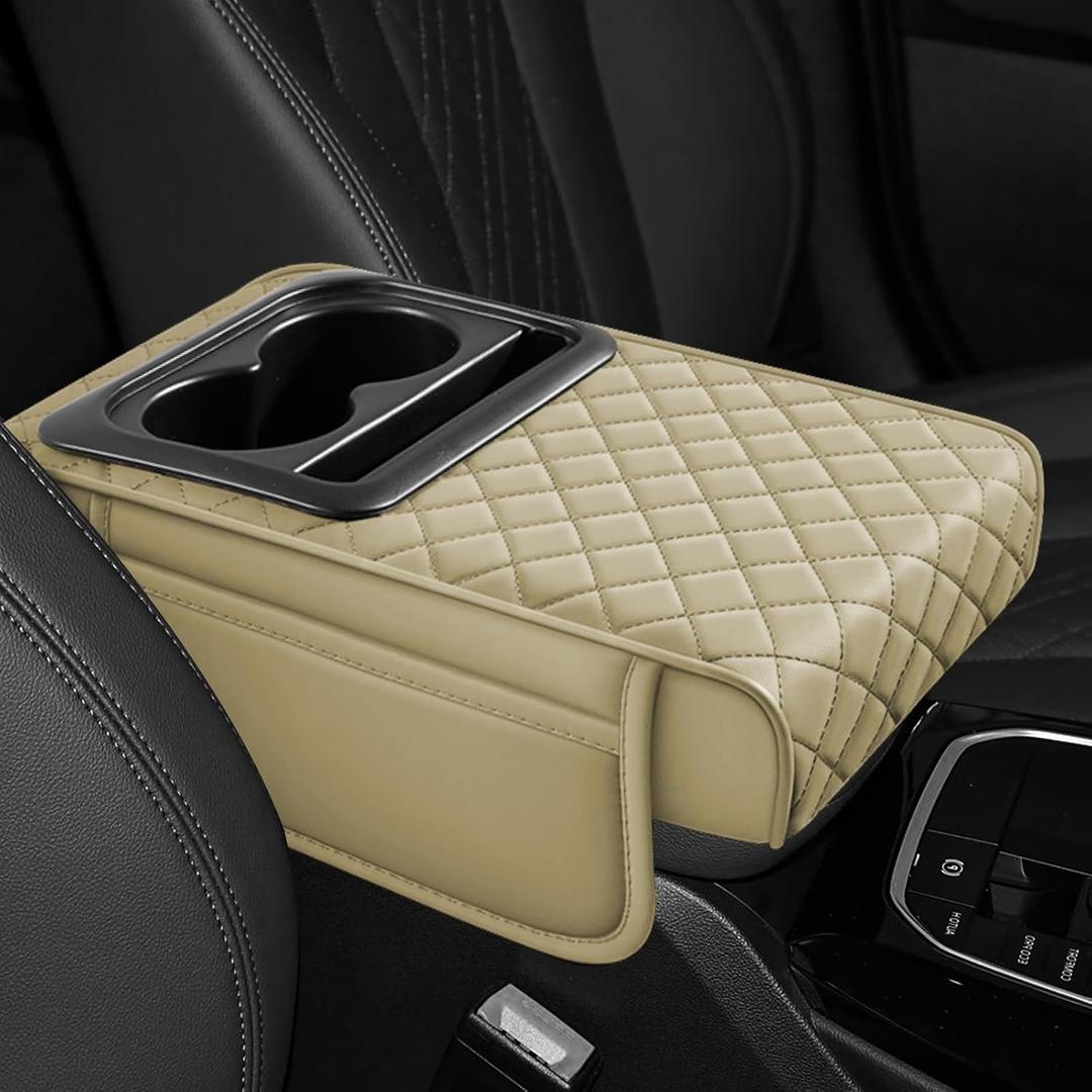 Hovom Car Center Console Cover, 13.39"7.87"2.76" Leather Armrest Cover for Cars, Memory Foam Armrest Pillow with Pocket, Cup Holder & Phone Slot, Universal Vehicle Arm Rest Cushion Pad (Beige)