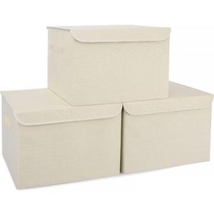 Bagnizer Large 42 Quarts Collapsible Stackable Storage Bins Cube with Lids [3-Pack] Foldable Fabric Linen Storage Boxes, Closet Organizer Baskets with Label for Home (16.7 x 12 x 12, Beige)
