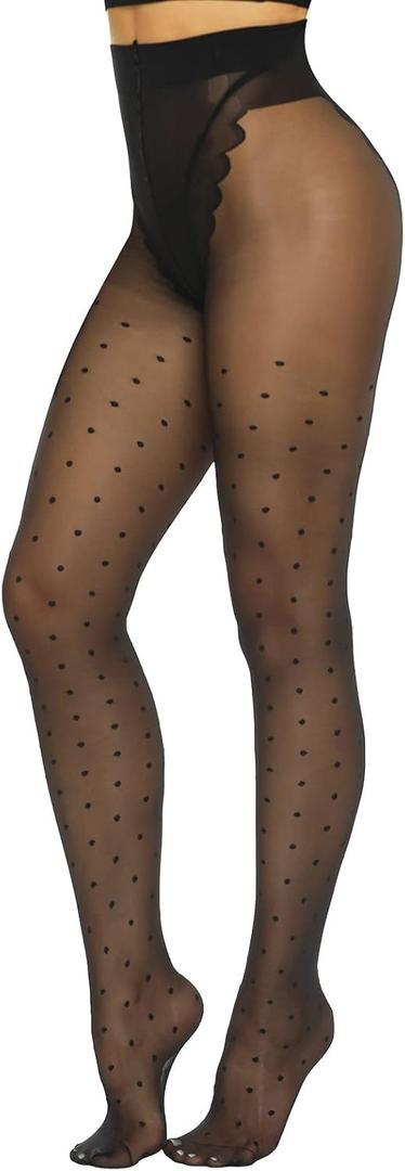 MANZI Patterned Tights Sheer Pantyhose for Women 20 Denier Stockings (One Size, Black Tights - Polka Dots)