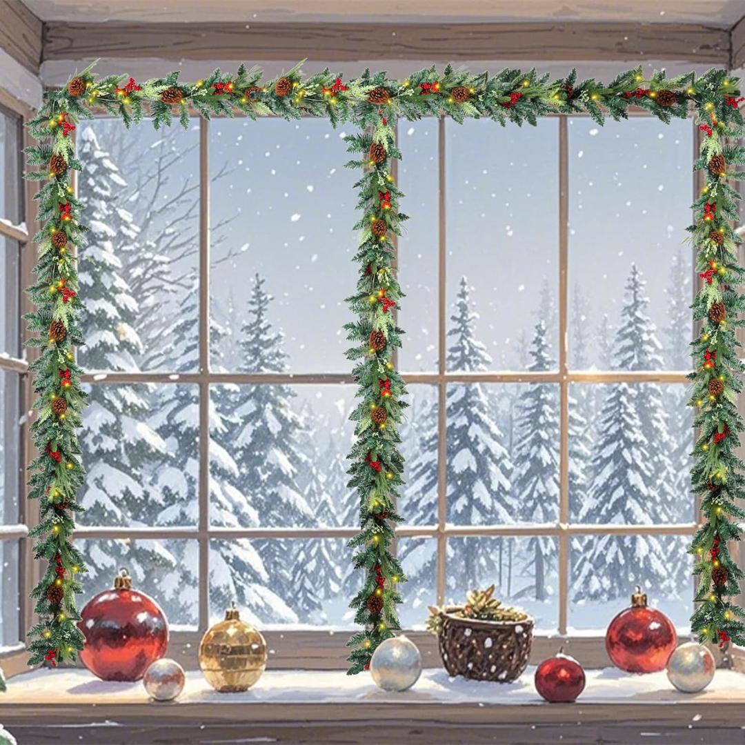 6Ft Christmas Garland with Lights, Artificial Christmas Garland with Pine Needles and Red Berries, Battery Operated Mantel Fireplace Holiday Winter Xmas Decor 2P