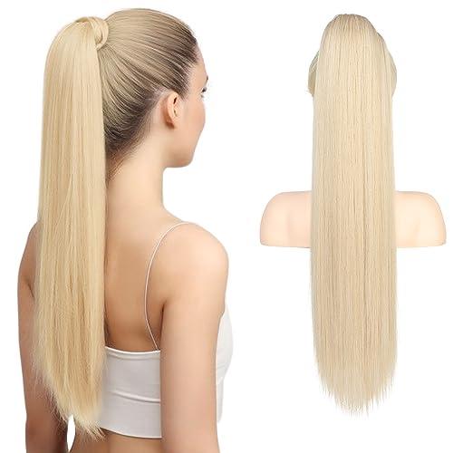 FLUFYMOOZ ponytail extension, 26 Inch Long Straight Drawstring Ponytail Synthetic Hairpieces Fake Pony Tails Natural Soft Clip in Hair Extension ponytail for Women (Cool Blonde)