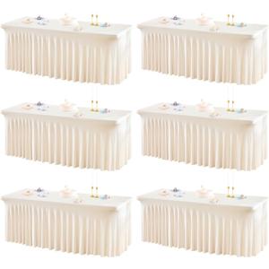 6 Packs Ivory Spandex Table Clothes for 6 Foot Rectangle Table, Spandex Table Covers 6FT Stretch Table Skirts Rectangle Tables Wrinkle Free Fitted Table Cover for Event, Wedding, Banquet & Parties