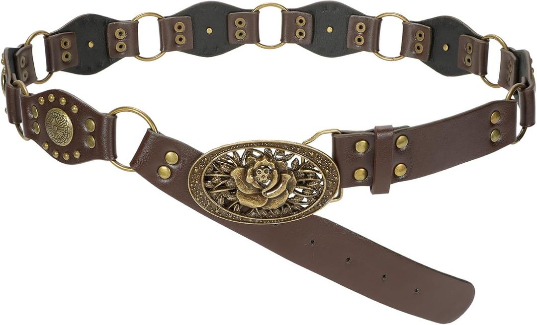 SUOSDEY Western Leather Belts for Women Vintage Cowgirl Coowboy Studded Rivets Belt for Jeans Dress