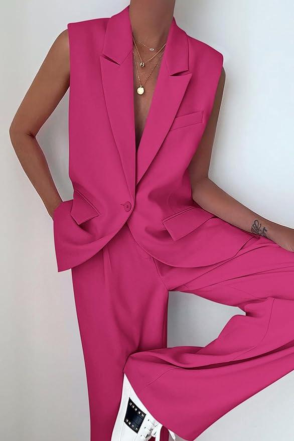 PRETTYGARDEN Women's 2 Piece Outfits Sleeveless Suit Vest and Wide Leg Pants Business Casual Blazer Sets (Rose Red), Small