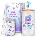 Clexela Birthday Gifts for 4 5 6 7 8 9 10 11 12 Year Old Girls Monogrammed Initial Glass Cups,16oz Glass Cups with lid and straw, Personlized Valentine Mermaid Gifts for Kids Girls Purple B