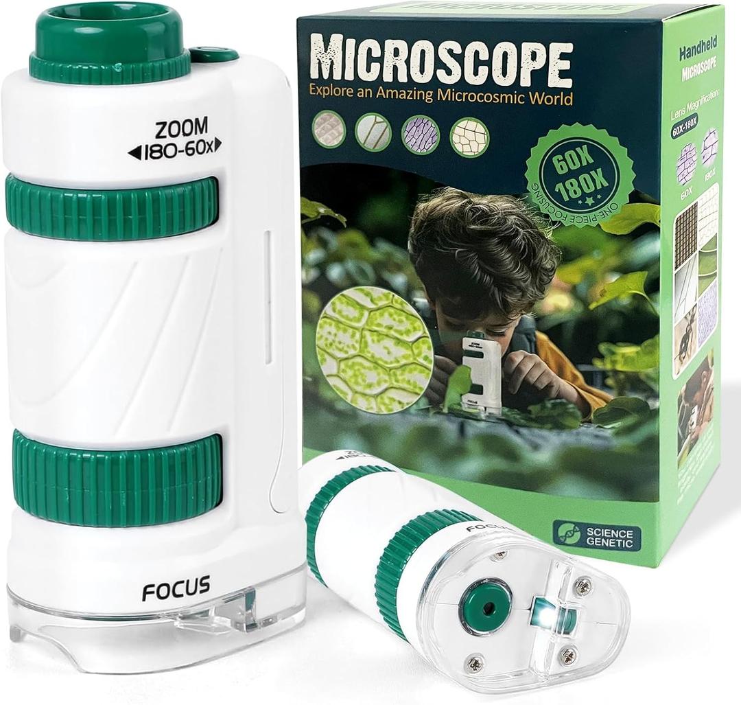 Kids Microscope, SETFLAGS Pocket Microscope for Kids, 60x-180x Zoom Miniscope Portable Little Scientist Handheld Mini Scope Educational Science Kit STEM & Science Toy, Interactive Learning, Ages 6+ (Green)