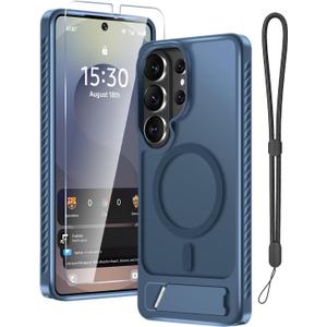 2 x Janmitta Magnetic for Samsung Galaxy S26 Ultra/S25 Ultra Case Built in Invisible Kickstand,with Screen Protector+Wrist Strap,Fit for MagSafe,Translucent Slim Translucent Matte Phone Cover,Navy Blue