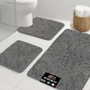 GORILLA GRIP Bathroom Rug Sets 3 Piece, Bath Mat Set and Oval Toilet Base with Rubber Backing, Plush Absorbent Shaggy Chenille Washable Mats, Includes 24x19.5, 24x17 and 36x24 Inch Rugs, Grey