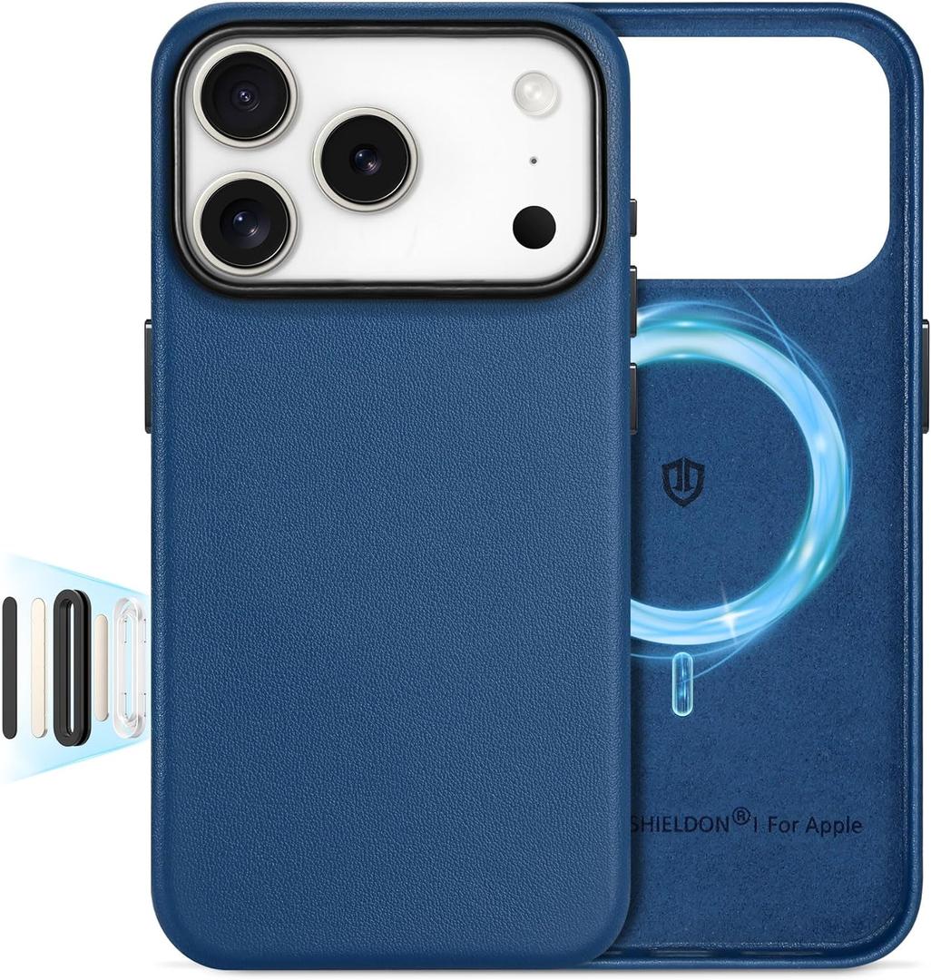 SHIELDON Leather Case for iPhone 17 Pro 6.3 Inch 2025, [Camera Button Updated], Compatible with Magsafe, Slim Fit, Wireless Charging Magnetic, Non-Slip, Shockproof, Metal Buttons - Royal Blue