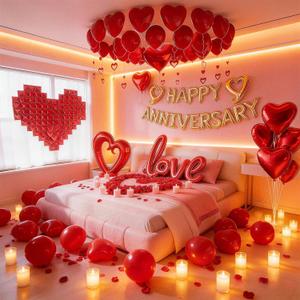 Happy Anniversary Decorations, Happy Anniversary Balloons, Valentines Day Decorations, Happy Anniversary Banner, Romantic Decorations Special Night, Wedding Anniversary Decorations, Red Heart Balloons