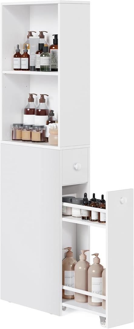 VASAGLE Slim Bathroom Storage Cabinet, Narrow Freestanding Bathroom Cabinet with Storage Drawers and Adjustable Shelf, for Small Spaces, Modern Style, White UBBK567T14