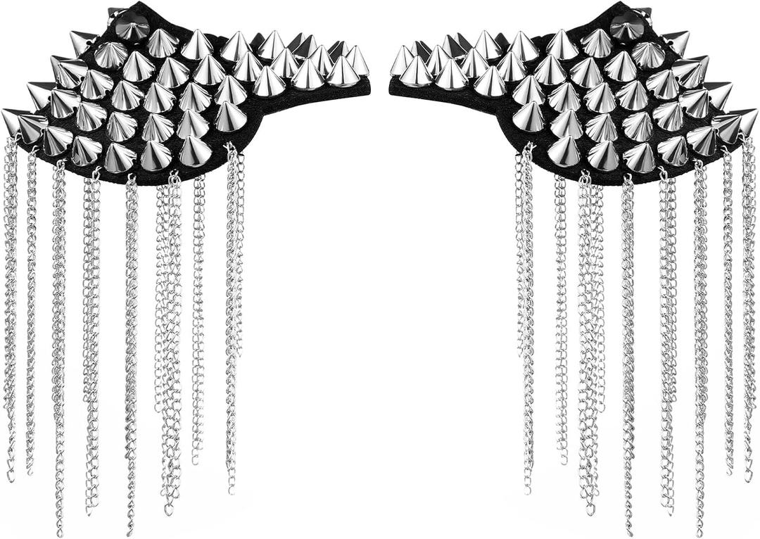 BESTOYARD Silver Epaulettes Rivet Tassel Epaulet Shoulder Spiky Boards - Vintage Halloween Cosplay Shoulder Epaulets Pads for Adult Gothic Party Costumes Accessories