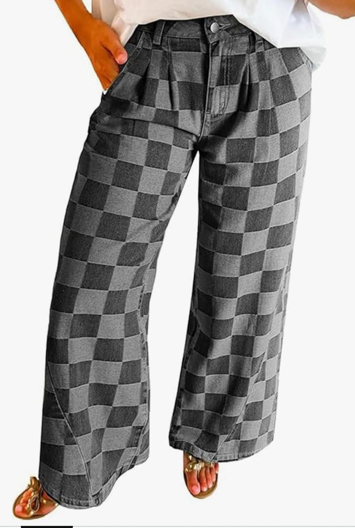 yoeasy Women's Wide Leg Jeans Checkered High Waisted Straight Leg Baggy Loose Stretch Plaid Casual Denim Pants. Size Large