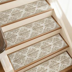 JSEI Stair Treads for Wooden Steps, 15 Pack 8" X 30" Non-Slip Machine Washable Carpet Stair Treads with TPE Backing, Indoor Stair Rug Runner for Kids Elders & Pets, Polyester, Light Beige/Brwon